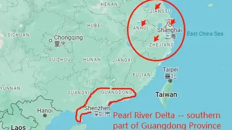 Pearl River Delta and Yangtze River Delta location in China