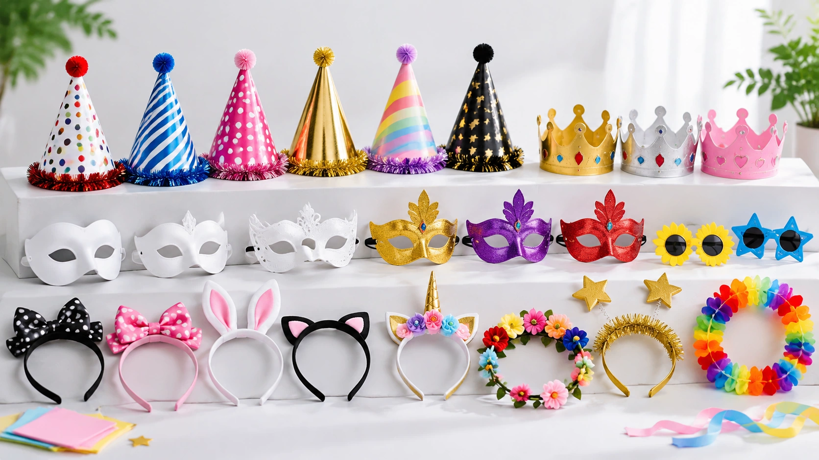 party hats crowns masks and wearables